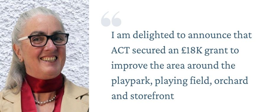 Anne Widdop headshot with quote about winning an £18k grant to improve the area around playpark
