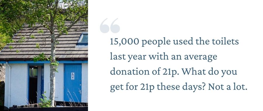 Image of Arisaig Community Trust Toilets with 21p average donation quote