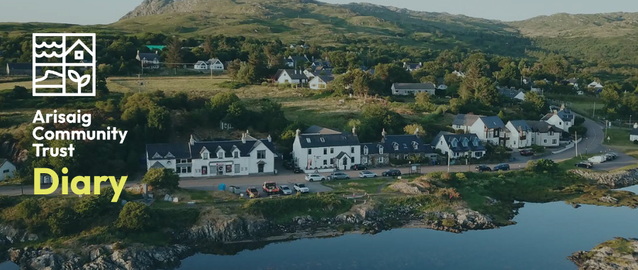 Arisaig shorefront photo with mountains in the background, houses in the middle and sea in the foreground. ACT logo on top
