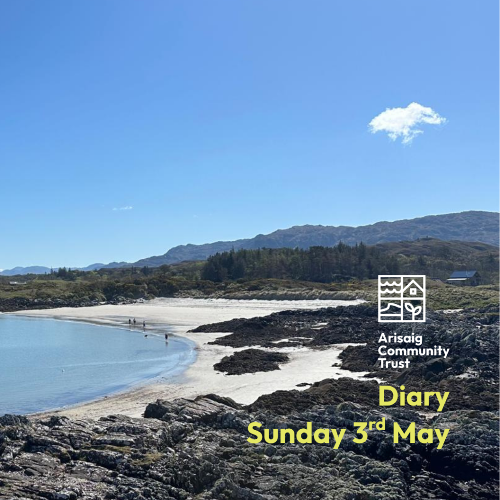 Photo of sunny Camusdarach beach when tide is out and blue sky with ACT logo